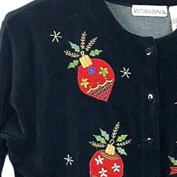 Victoria Jones Christmas Cardigan Sweater Black Velour Applique Holiday Medium - Picture 3 of 10